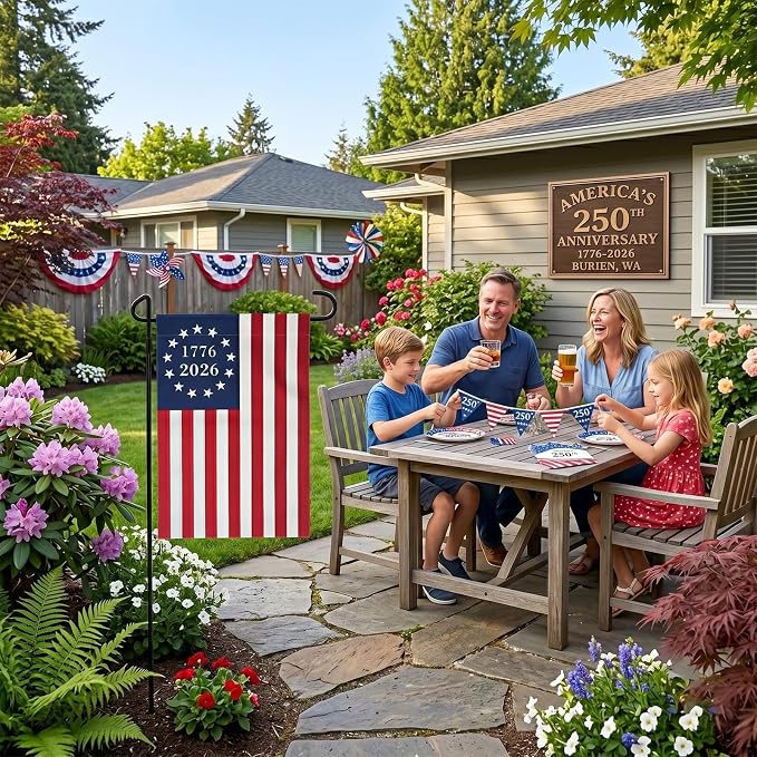 TOPFLAGS Garden Flag Stand with 1776-2026 Betsy Ross Flag Garden Flags 12 x 18 Inch Metal 13 Star Colonial American Bennington Yard Flag Holder Pole Stake Small Flag Stands with Clips and Stopper