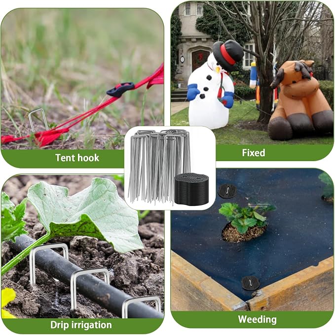 200PCS Garden Stakes Staples 6 inch Landscape Fabric Pins Lawn 100Pcs U Shaped Galvanized Staples Ground Stakes Landscaping Pins with 100Pcs Gasket for Weed Barrier Plant Cover Decorations