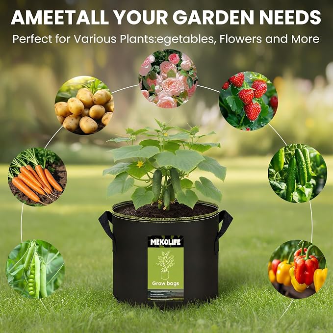 MEKOLIFE Fabric Grow Bags(5 Gallon 6Pack), Thickened Aeration Planter Bags with Handles Plant Tags Seedling Bags for Outdoor Indoor Vegetable Garden, Black