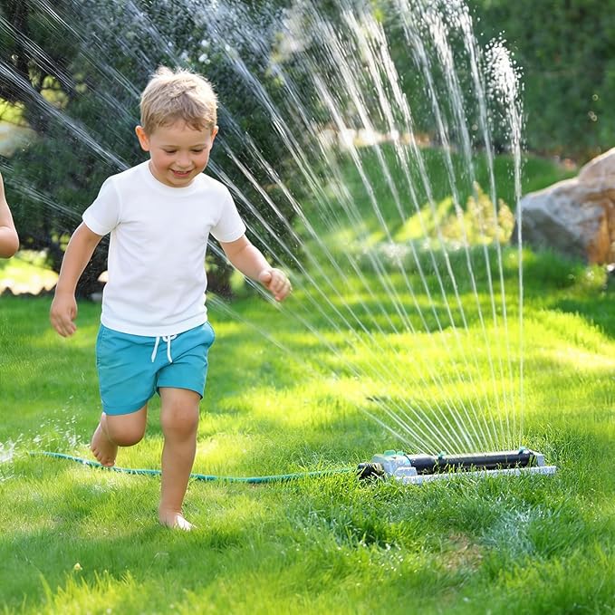 QUOBAS 2 Pack Heavy Duty Oscillating Sprinkler, 18-Hole Nozzle with Zinc Alloy Metal Base, Adjustable Flow Control & Spray Width, with Cleaning Pin, Garden, Yard