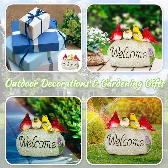 Solar Garden Statues Outdoor Decor, Welcome Sign Garden Sculptures Statue Novelty Birds Figurine Decoration for Patio Yard Porch Art Home Decor or Gifts for Mom Grandma