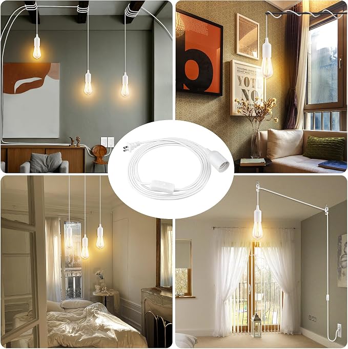 2Pack Plug in Hanging Light Kit, E26/E27 Vintage Hanging Lights with Plug in Cord, Retro Pendant Light Kit, 12FT Cord with On/Off Switch, Pendant Light Cord for Hanging Light, White
