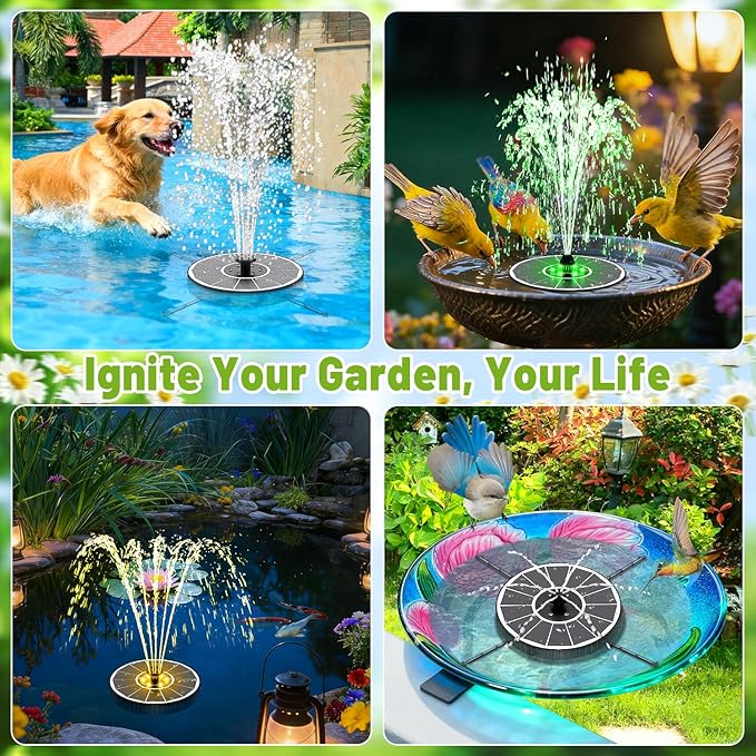 Solar Fountain with 3 Spray Height, Colorful Led Lights, 3.5W Glass Solar Bird Bath Water Fountain with 2000mAh Battery, 4 Rotating Rods and 7 Nozzles for Hummingbird Bathing, Outdoor Decor
