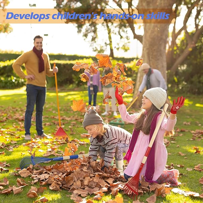 NNG 2 PCS 27" Metal Kids Leaves Rakes and 2 Pairs Kids Gloves,Small Kid Lawn Rakes with Wooden Handle,Garden Tool Set for Boys and Girls