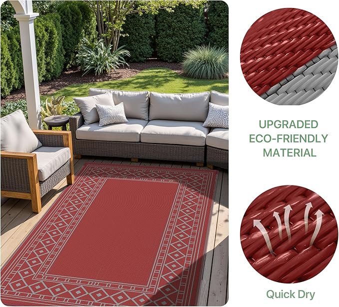 GENIMO Outdoor Rug Waterproof 6'x9' for Patio, Foldable Reversible Plastic Straw Carpet for Travel Trailers, Outside Area Mat for Rv, Deck, Picnic, Porch, Balcony, Beach, Red & Grey