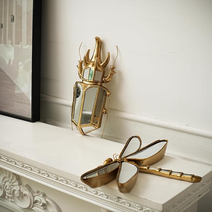 Decorative Bug and Dragonfly Mirrors - Gold Resin and Glass Wall Decor, Perfect for Victorian and European Themed Homes