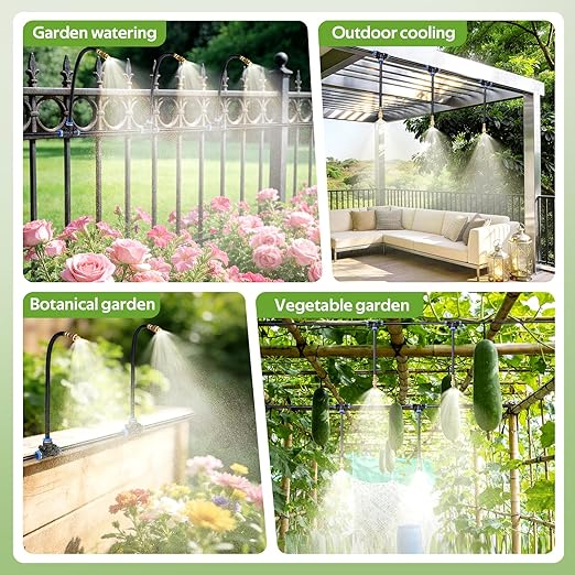 HIRALIY 100FT Garden Watering System with 16 360° Adjustable Copper Mist Nozzles, Quick-Connect Drip Irrigation Kit for Raised Beds, Patio Pots and Greenhouses