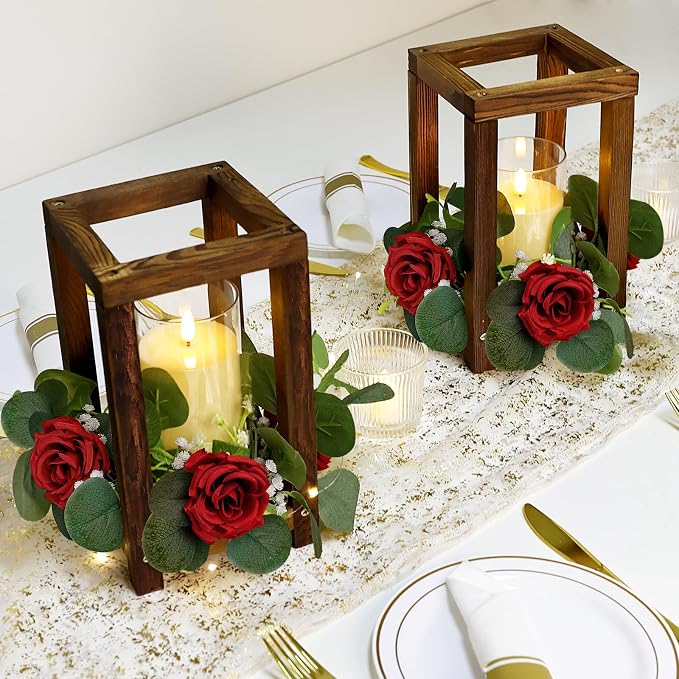 18 Pcs Wedding Wooden Lantern Centerpiece - Rustic Wooden Candle Lantern with Rose Candle Rings Wreaths LED Candles for Valentine Wedding Party Country Farmhouse Table Decor