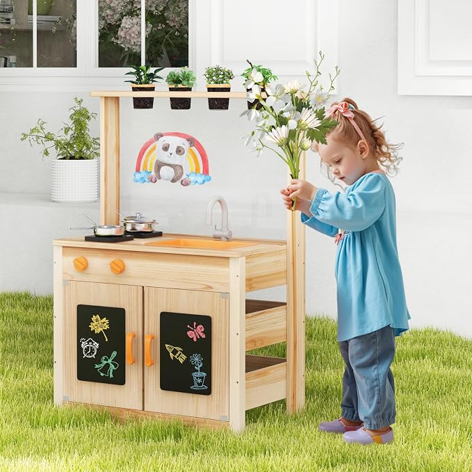 Costzon Mud Kitchen, Fir Wood Outdoor Play Kitchen with 4 Planting Pots, Stoves, Removable Sink, Acrylic Panel, Chalkboards & Accessories, Kids Kitchen Playset for Backyard Garden, Gift for Boys Girls