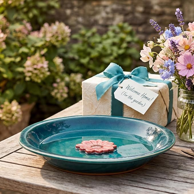 Topadorn 12.2'' Ceramic Birdbath & Birdfeeder for Small Birds Outdoors, 2" Depth Bird Bath Bowl for Vintage Garden Patio Yard Lawn Decor, Blue with Red Flower