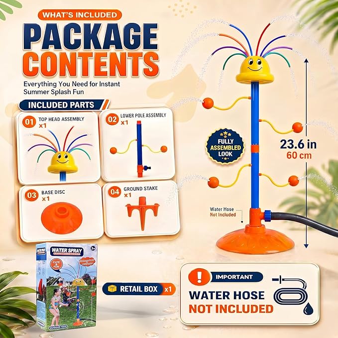 Water Sprinkler for Kids Ages 3-8, Smile Face Rainbow Outdoor Water Toy with 8 Wiggle Tubes and 4 Side Nozzles, Dancing Backyard Lawn Splash Game, Summer Yard Gift for Boys Girls