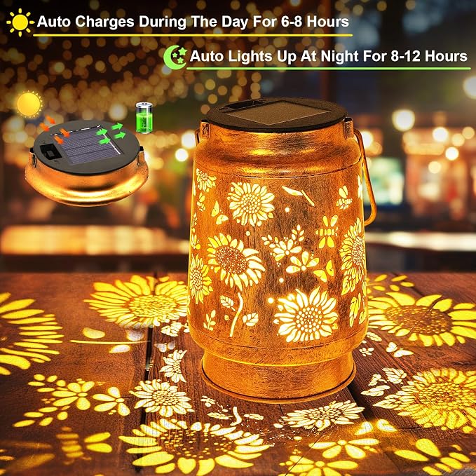 2 Pack Sunflower Solar Lanterns Garden Decor, Birthday Gifts for Women Mom Grandma, Metal Hanging Solar Lights Outdoor Waterproof LED Decoration with Shepherd Hook Outside for Yard Patio Lawn Porch