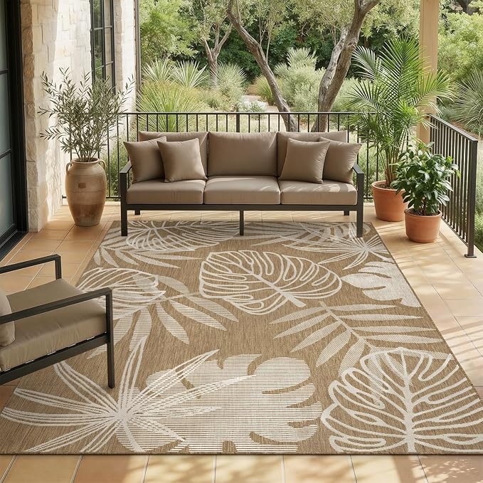 MontVoo-Outdoor Rug-Patio Rug 6x9 ft Polypropylene Indoor Outdoor Rugs Outdoor Carpet for Patio Deck Balcony Porch, Textured Weave, Durable for High Traffic, Fade-Resistant, Tropical Neutral Brown