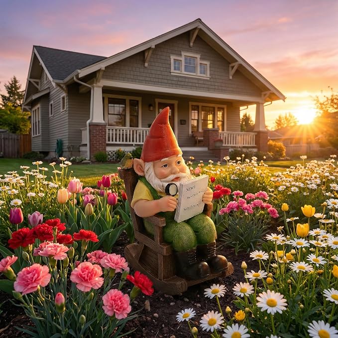 TERESA'S COLLECTIONS Garden Outdoor Decor,Gnomes Sitting in a Rocking Chair Reading a Newspaper,Gnomes Garden Decor, Waterproof Resin Garden Statue, Garden Gift, Indoor/Outdoor, 6"
