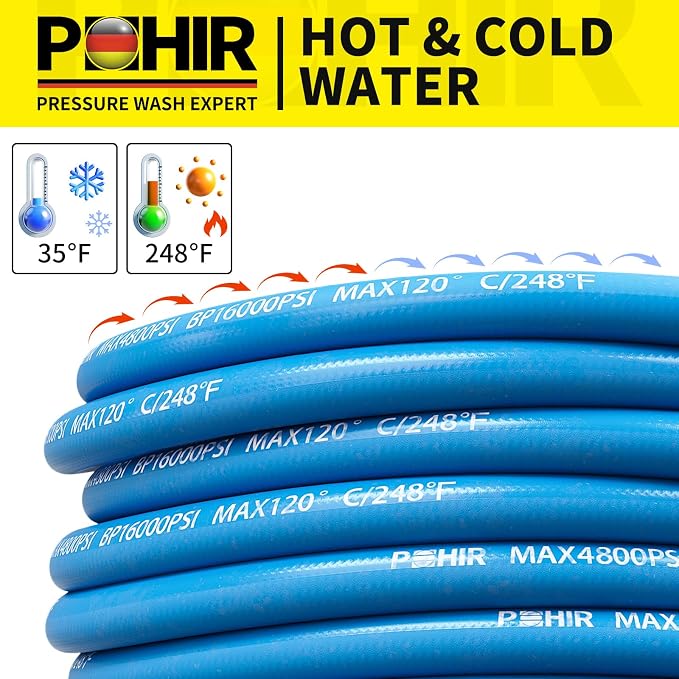 POHIR Pressure Washer Hose 50FT 3/8" for Cold & Hot Water (Up to 248℉) 4800 PSI Kink Resistant Industrial Grade Steel Wire Braided QC Ends with 2 M22-14mm to 3/8" Adapters for Professional and Home