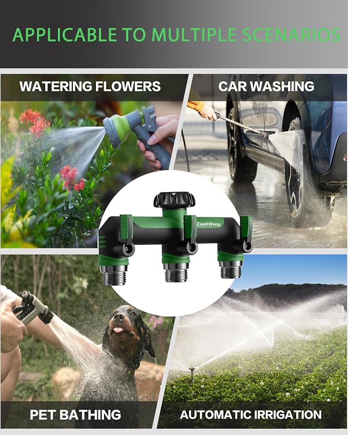 Garden Hose Splitter, 3 Way Hose Splitter, Heavy Duty Water Hose Bib Spigot Splitter, Outdoor Faucet Splitter with Shutoff Valve, T Adapter Connector with 3/4 - Inch GHT Thread (Green)
