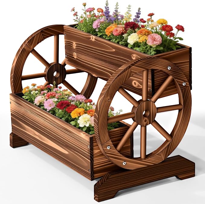 Extra Large Wooden Wagon Planter Box, 24" W 2-Tier Decorative Flower Cart with Wheels, Rustic Raised Garden Bed with Drainage Holes & Non-Woven Liner for Outdoor Plants, Flowers Herbs Vegetables