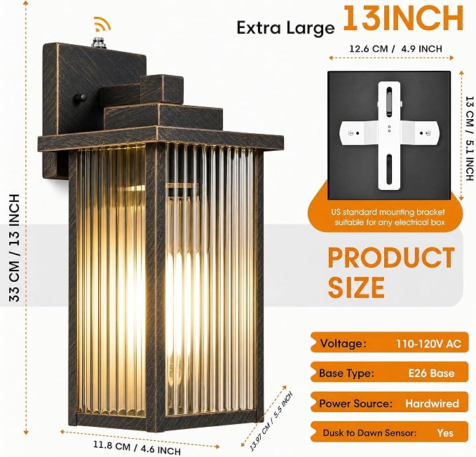 13-Inch Black Brush Gold Outdoor Wall Light, Dusk to Dawn Exterior Light Fixture, IP65 Waterproof Rust-Resistant Metal & Textured Glass Wall Mount Sconce for Porch Garage Entryway
