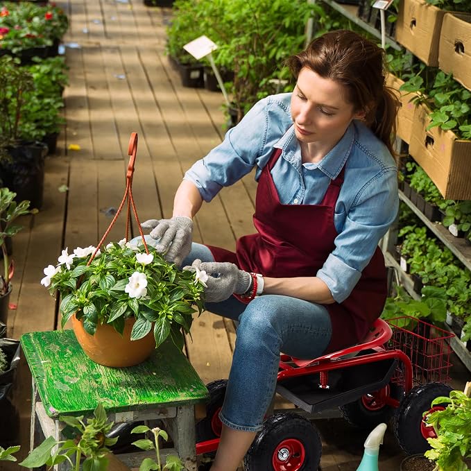 VINGLI Rolling Garden Seat with Wheels, Heavy-Duty Steel Cart for Yard Work and Planting, Best Gardening Tools with 360-Degree Swivel, Red