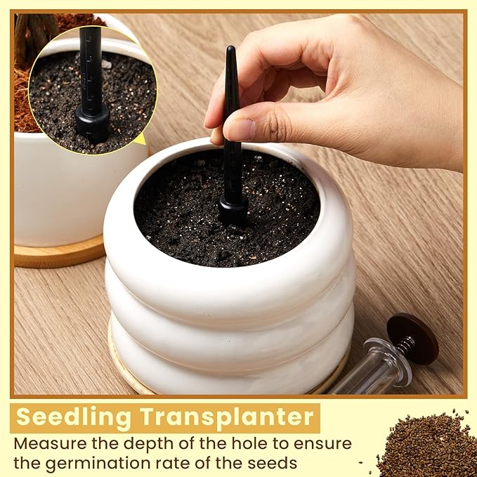 Flutesan 6 Pcs Mini Sowing Seed Dispenser Sower with 2 Transplanting Tools Hand Spreader Garden Seed Planter for Carrot Lettuce Grass and Spinach Sower(Brown)