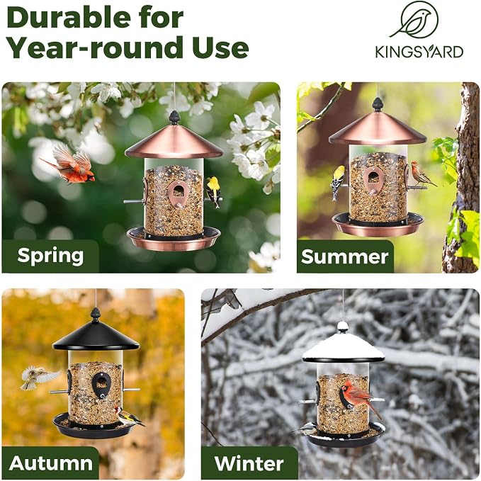 Kingsyard 4.5-Cups Large Metal Bird Feeders for Outdoors Hanging with 8 Ports, Tube Bird Feeder with Seed Tray, Weatherproof Chew Proof Roof for Cardinal Finch, Black