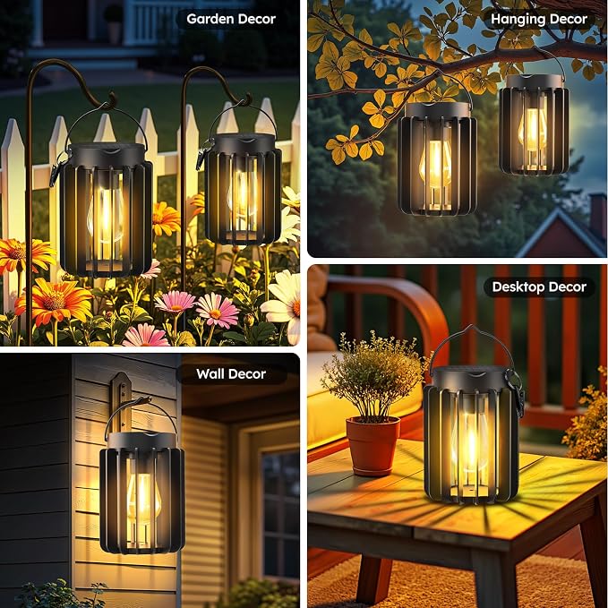 Ahaorigin Solar Lanterns Outdoor Waterproof, Brighter Up to 12 Hrs Outdoor Hanging Solar Lights, Outside Hanging Lanterns for Garden Porch Patio Yard Decor, Gifts for Women Mom Father Black, 4 Pack