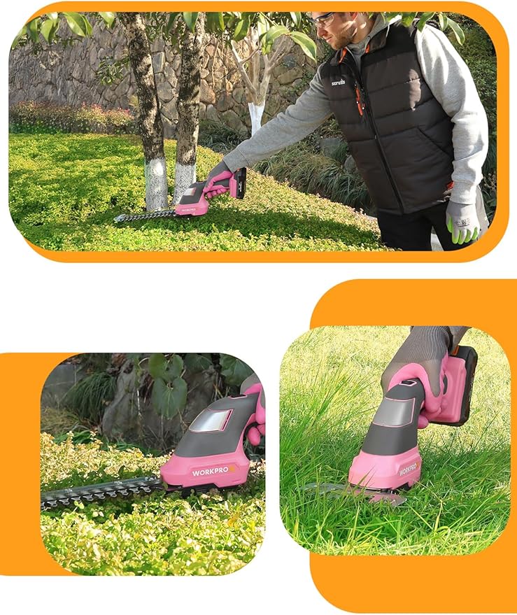 WORKPROX 20V Pink Cordless Grass Shear & Shrubbery Trimmer - 2-in-1 Handheld Electric Grass Trimmer Hedge Shears/Grass Cutter with Tool Bag, Rechargeable Lithium-Ion Battery and Type-C Cable Included