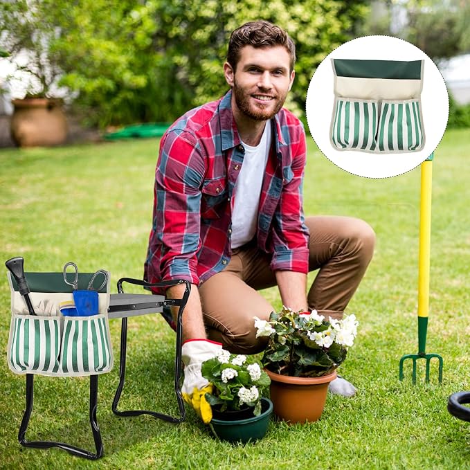 DOITOOL Garden Kneeler Tool Bag Foldable Portable Oxford Cloth Gardening Tool Storage Organizer, Multi- Pockets Gardening Hand Tool Pouch (White and Green Striped)