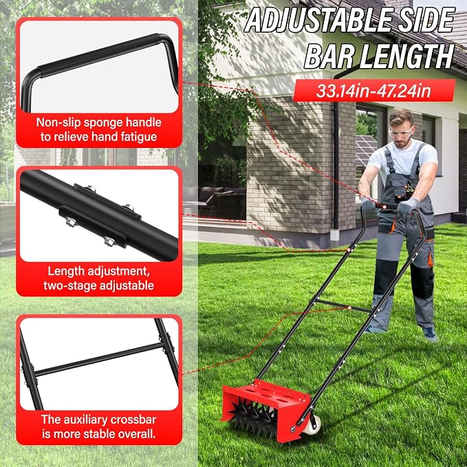 VASALAID Rolling Lawn Aerator, Heavy Duty Manual Push Lawn Aerator Tool with Adjustable Wheels,Rotary Spike Aerator for Lawn Aeration