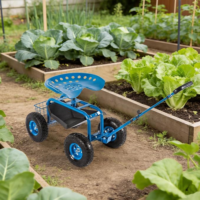 kinbor Garden Cart Rolling Work Seat with Tool Tray Outdoor Utility Lawn Patio Yard Wagon Scooter for Planting with Adjustable Handle 360 Degree Swivel Seat, Blue