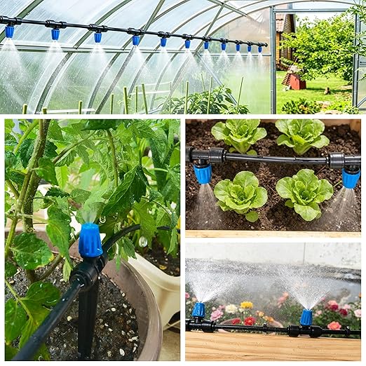 Riboud 165FT Drip Irrigation Kit, Quick-Connect Garden Watering System with 30 Adjustable Misting Nozzles for Garden Greenhouse, Hanging Plants, Raised Beds