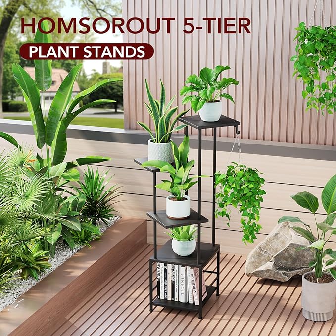 Homsorout Plant Stand Indoor with Grow Light - 5-Tier Metal Plant Shelf with Hanging Basket Hook, Corner Tall Flower Holder for Multiple Plants, Living Room Balcony Garden Patio, Black