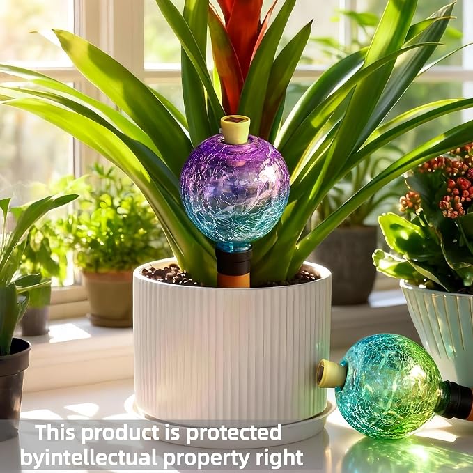 SAVENNA Crackle Glass Plant Watering Globe with Terracotta Spike,Self-Watering Irrigation for Potted Plants, with Solar Accent Light for Indoor & Outdoor Décor, 17oz, Purple–Blue Gradient