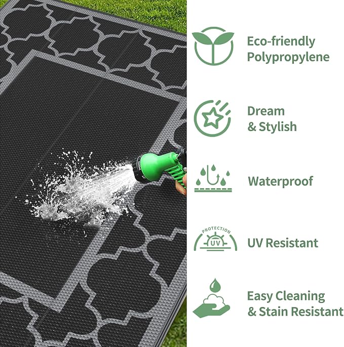 GENIMO 6' x 9' Outdoor Rug Waterproof for Patio Decor, Foldable Reversible Plastic Straw Area Rugs Mat for Camper, Outside Carpet for Rv, Deck, Porch, Picnic, Beach, Balcony, Black & Grey