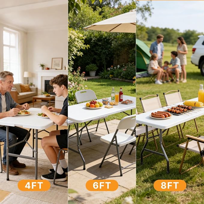 Sweetcrispy 6 FT Folding Picnic Table Easy to Fold and Store, Foldable Table for Camping Picnic Dining Party Kitchen Outdoor Indoor with Carrying Handle