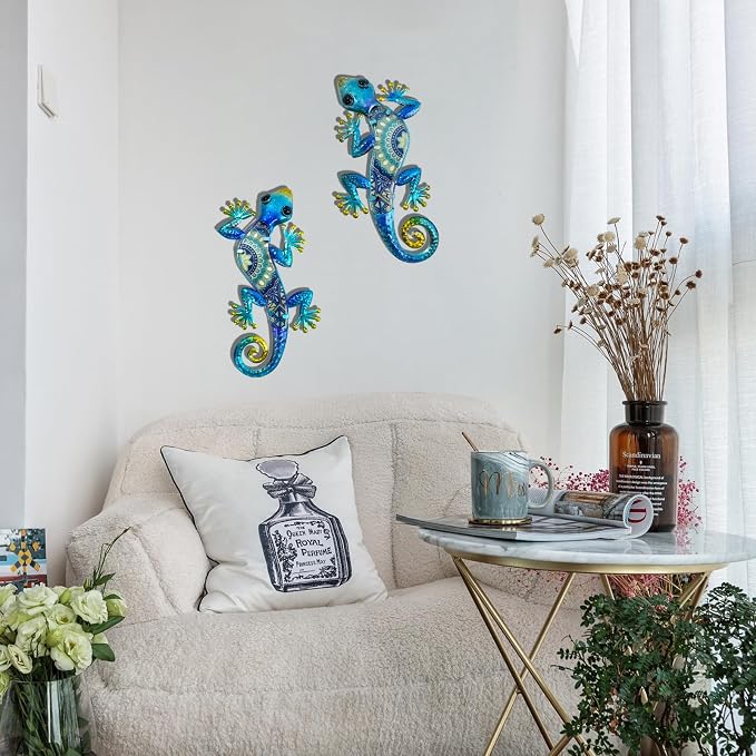 HONGLAND Metal Gecko Wall Art 2Pcs Outdoor Wall Decor 12 Inch Lizard Metal Hanging Wall Decoration Glass Sculpture for Garden Yard Patio Fence Home (Boho Blue)