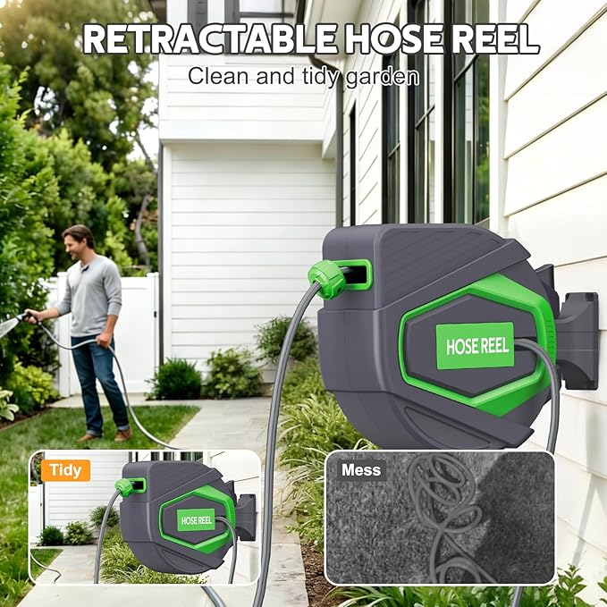 Retractable Garden Hose Reel, 1/2 in x 100 ft Wall Mounted Auto Rewind Hose Reel & Lock Any Length, 180° Swivel Bracket, Slow Return System, Brass Connector for Garden Watering, Car Washing