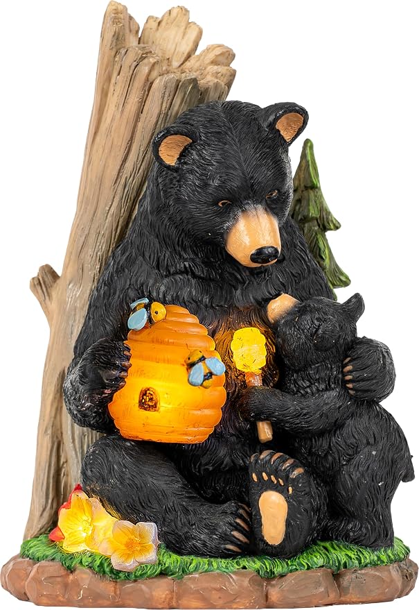 C&Y&G&X Solar Black Bear Garden Statue with Light-Up Beehive & Honey Dipper, Outdoor Resin Animal Sculpture Yard Art Decor for Patio, Lawn, Porch, and Housewarming Gift
