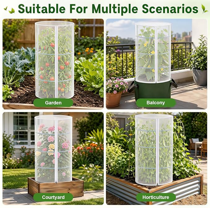 4 Pcs Garden Mesh Plant Cover for Round Tomato Cage, 57" x 15.7" Insect Bird Netting Protection Net Covers with Zipper & Drawstring, Garden Tomato Trellis Netting for Climbing Plants