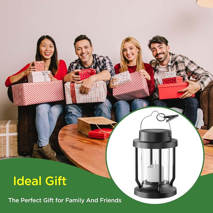 Solar Lantern Outdoor & Indoor Use – Hanging Solar Lights with Realistic Flickering Flameless Candle, Weatherproof for Gardens, Patios, Trees, and Lawns (Black, 4 Pack)