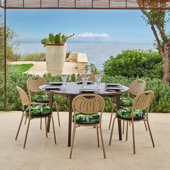 DYTXIII Set of 2 Outdoor Round Chair Cushions 15"x15"x4" with Ties, Water Repellent Tufted Bistro Seat Cushions, Thick Patio Chair Pads for Bar Stool, Garden & Dining Furniture - Jungle Leaves