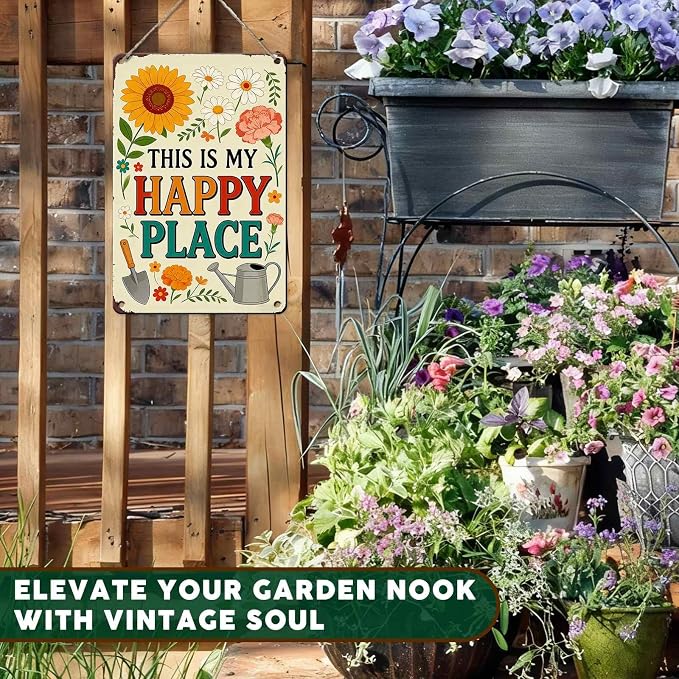 PEACHGARDEN Garden Signs This Is My Happy Place for Woman Gifts Garden Wall Decor Metal Tin Sign for Patio Yard She Shed Cabin 8x12 inch