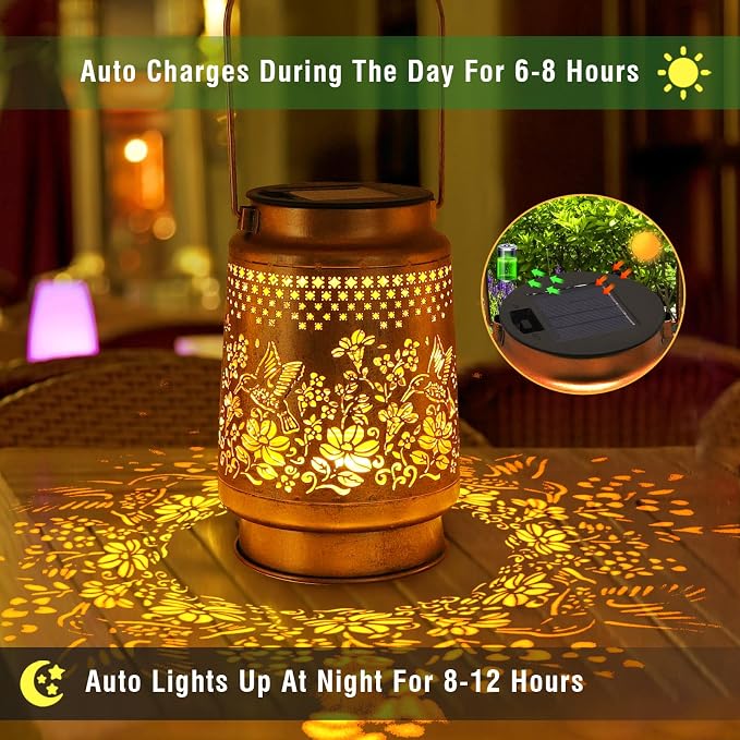 2 Pack Solar Lanterns Outdoor Hummingbird Garden Decor, Birthday Gifts for Mom Women, Waterproof Metal Hanging Solar Lights with Shepherd Hook LED Decorative Outside for Yard Patio Lawn Porch
