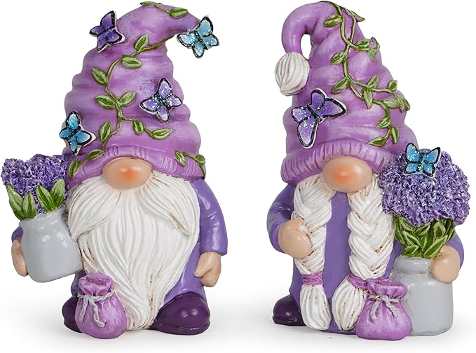 Hodao 2 Pcs Lavender Gnome Set – Spring & Summer Swedish Tomte Elf Figurines for Indoor Home Decor, Tiered Trays, Patios, Gardens for Mom, Grandma, Friends, Seasonal Decorations