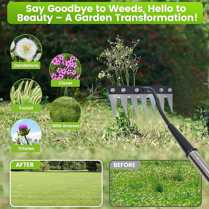 Garden Weeding Rake, Iron Weed Rake with Long Handle(27" - 60"), Heavy Duty 6 Teeth Manganese Steel Iron Weeding Rakes for Weeding, Yard, Farm...