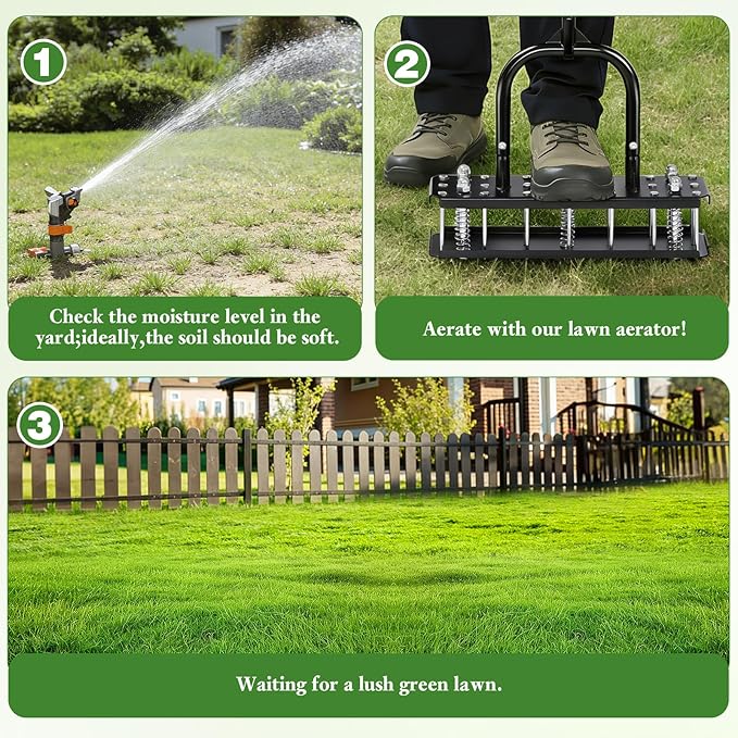 Lawn Aerator, 21 Pre-Assembled Metal Spikes, Automatic Dirt & Leaves Clean, Ergonomic Design, Soil Lawn Aerating Tools for Yard Lawn and Garden, Lawn Aerator Spikes aerating Tool