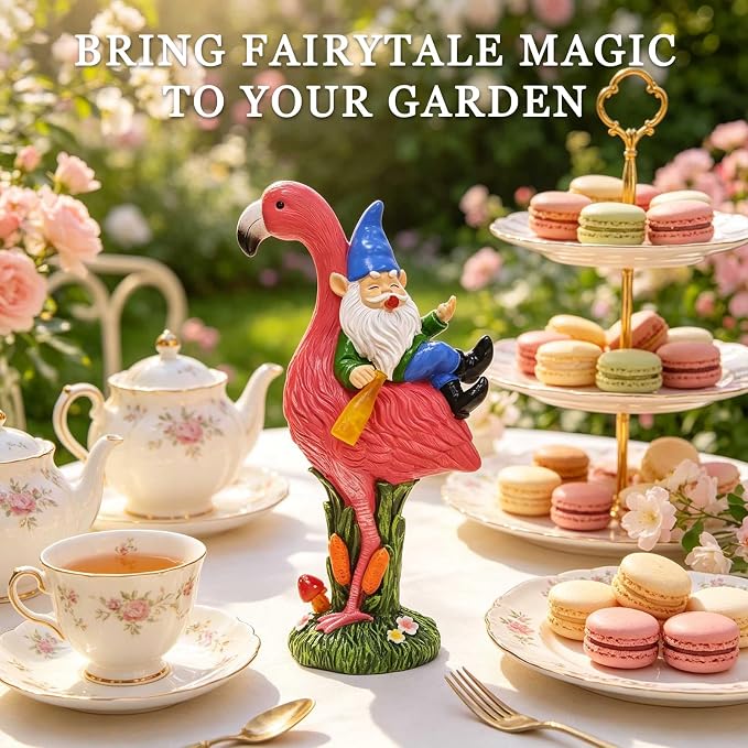 Solar Garden Gnome Riding Flamingo Sculpture with LED Light, Resin, Multicolor, Outdoor Yard Lawn Patio Decor