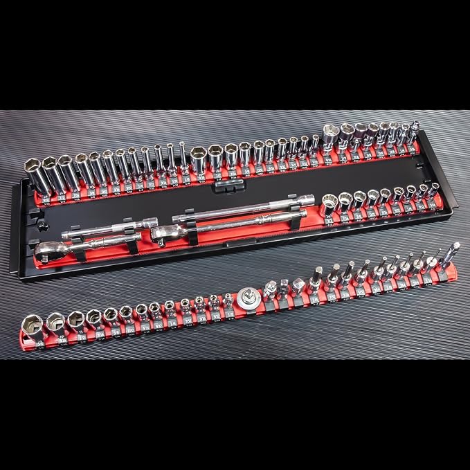 Ernst Mfg 18-Inch Organizer 3 Rail Socket Boss (8451) - Toolbox Organization Tray - SAE & Metric Storage with labels, 57 Twist-Lock Clips for 1/4-inch, 3/8-inch, & 1/2-inch Drive Sets, Blue (Patented)