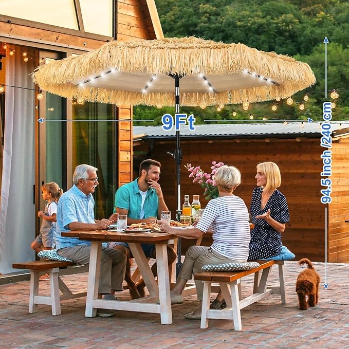 9 ft Tiki Umbrella with 32 LED Lights, Outdoor Patio Umbrella with Solar Lights, Tropical Vibes Thatched Umbrellas with 8 Ribs, Tilt Adjustment, Manual Crank, UPF 50+ for Pool, Beach, Backyard,Garden