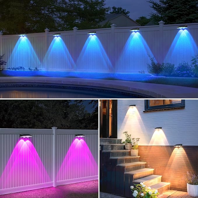 Solar Fence Lights Outdoor 8-Pack, Waterproof Solar Powered LED Fence Deck Light with Warm White & 6 RGB Colors & 2 Lighting Modes for Deck, Step, Stair, Fence, Outside, Patio, Garden, Backyard